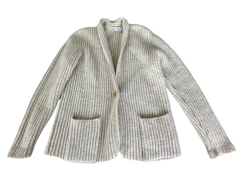 Vintage LL Bean Shetland Wool Cardigan Single Button Ribbed Knit Beige Small - Picture 1 of 16
